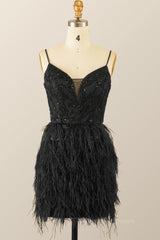 Bridesmaid Dress Colors, Straps Black Beaded Feather Mini Dress