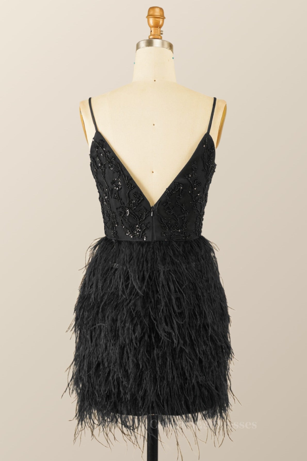 Bridesmaid Dress Ideas, Straps Black Beaded Feather Mini Dress