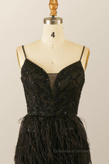 Bridesmaid Dresses Long, Straps Black Beaded Feather Mini Dress