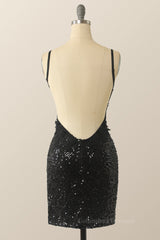 Bridesmaid Dresses Affordable, Straps Black Sequin Floral Embroidered Bodycon Mini Dress