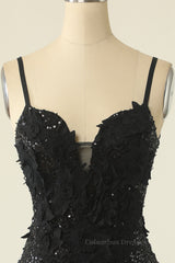 Bridesmaid Dress Online, Straps Black Sequin Floral Embroidered Bodycon Mini Dress
