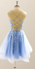 Bridesmaids Dresses Color, Straps Blue and White Floral Short Dress