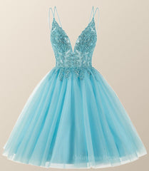 Bridesmaid Dresses Fall Colors, Straps Blue Beaded A-line Short Homecoming Dress