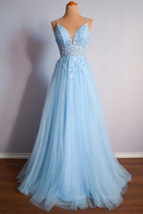 Evening Dress Designs, Straps Blue Lace Appliques A-line Long Formal Dress