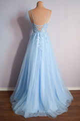 Evening Dresses 2061, Straps Blue Lace Appliques A-line Long Formal Dress