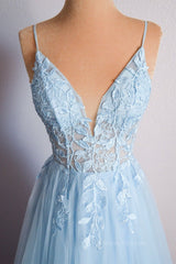 Evening Dress Princess, Straps Blue Lace Appliques A-line Long Formal Dress