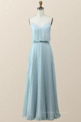 Formal Dresses Ideas, Straps Blue Pleated Full Length Dress