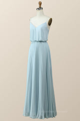 Formal Dress Trends, Straps Blue Pleated Full Length Dress