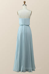 Formal Dresses Short, Straps Blue Pleated Full Length Dress