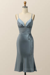 Homecoming Dresses Classy Elegant, Straps Blue Satin Midi Bridesmaid Dress