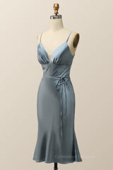 Homecoming Dress Classy Elegant, Straps Blue Satin Midi Bridesmaid Dress