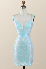 Party Dress Outfits Ideas, Straps Blue Sequin Bodycon Mini Dress