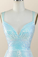 Party Dress Spring, Straps Blue Sequin Bodycon Mini Dress
