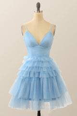 Formal Dresses Floral, Straps Blue Tiered Ruffle Short A-line Homecoming Dress