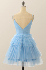 Formal Dresses To Wear To A Wedding, Straps Blue Tiered Ruffle Short A-line Homecoming Dress