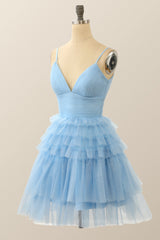 Formal Dress Inspo, Straps Blue Tiered Ruffle Short A-line Homecoming Dress