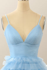 Formal Dresses Graduation, Straps Blue Tiered Ruffle Short A-line Homecoming Dress