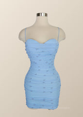 Prom Dresses Lace, Straps Blue Tight Mini Dress with Pearls