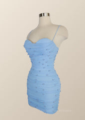 Prom Dresses Blue, Straps Blue Tight Mini Dress with Pearls