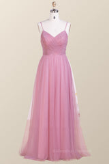 Homecomeing Dresses Bodycon, Straps Blush Pink Pleated Tulle Long Bridesmaid Dress