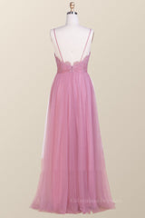 Homecomming Dresses Bodycon, Straps Blush Pink Pleated Tulle Long Bridesmaid Dress