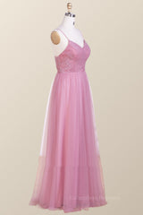 Homecoming Dress Bodycon, Straps Blush Pink Pleated Tulle Long Bridesmaid Dress