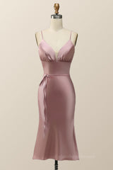Prom Dress Long Blue, Straps Blush Pink Satin Midi Bridesmaid Dress