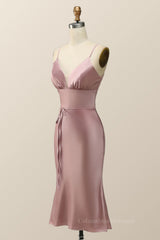 Prom Dress Blue Long, Straps Blush Pink Satin Midi Bridesmaid Dress