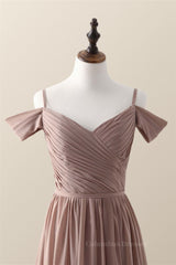 Party Dresses Near Me, Straps Champagne Pleated Chiffon Long Bridesmaid Dress