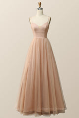 Formal Dresses For 51 Year Olds, Straps Champagne Tulle A-line Formal Dress