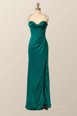 Black Wedding Dress, Straps Cowl Neck Green Mermaid Long Formal Dress