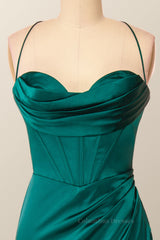 Evening Gown, Straps Cowl Neck Green Mermaid Long Formal Dress