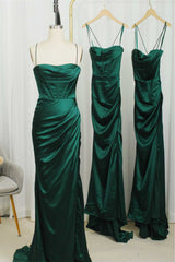 Formal Dress For Girls, Straps Dark Green Mermaid Long Bridesmaid Dress,Modest Satin Formal Dresses