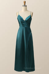 Summer Wedding Color, Straps Dark Green Satin Pleated Long Bridesmaid Dress