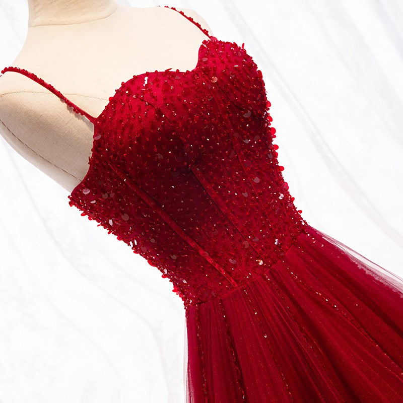 Formal Dress For Wedding Party, Straps Dark Red Beaded Sweetheart Long Formal Dress, Junior Prom Dress