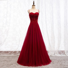 Formal Dress Floral, Straps Dark Red Beaded Sweetheart Long Formal Dress, Junior Prom Dress