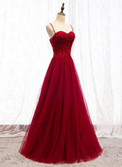 Formal Dresses Corset, Straps Dark Red Beaded Sweetheart Long Formal Dress, Junior Prom Dress