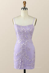 Bridesmaids Dresses Color Schemes, Straps Floral Embroidered Lavender Bodycon Mini Dress