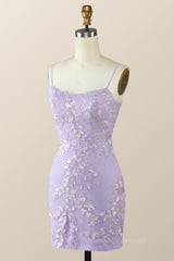 Bridesmaid Dress Color Schemes, Straps Floral Embroidered Lavender Bodycon Mini Dress