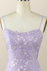 Bridesmaid Dress Colors Scheme, Straps Floral Embroidered Lavender Bodycon Mini Dress