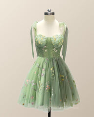 Prom Dresses For Warm Weather, Straps Green Floral Short Princess Dress