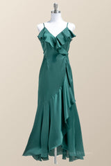 Prom Dress Pink, Straps Green Ruffles Wrap Midi Party Dress
