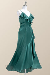 Dress Aesthetic, Straps Green Ruffles Wrap Midi Party Dress