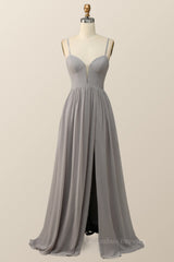 Formal Dresses For Woman, Straps Grey Chiffon A-line Long Bridesmaid Dress