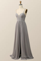 Formal Dress For Woman, Straps Grey Chiffon A-line Long Bridesmaid Dress