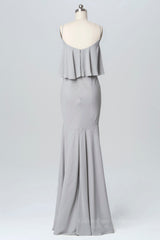 Short Prom Dress, Straps Grey Mermaid Flounce Long Bridesmaid Dress
