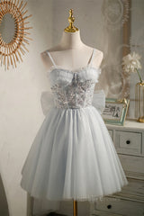 Party Dress Vintage, Straps Grey Tulle Beaded Short Homecoming Dress