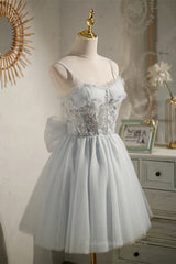 Party Dressed Short, Straps Grey Tulle Beaded Short Homecoming Dress