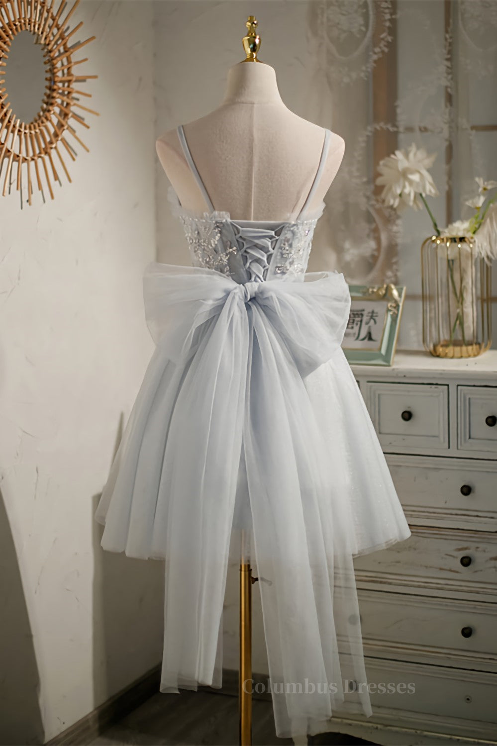 Party Dresses Classy, Straps Grey Tulle Beaded Short Homecoming Dress