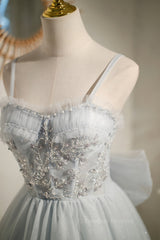 Party Dress Inspo, Straps Grey Tulle Beaded Short Homecoming Dress
